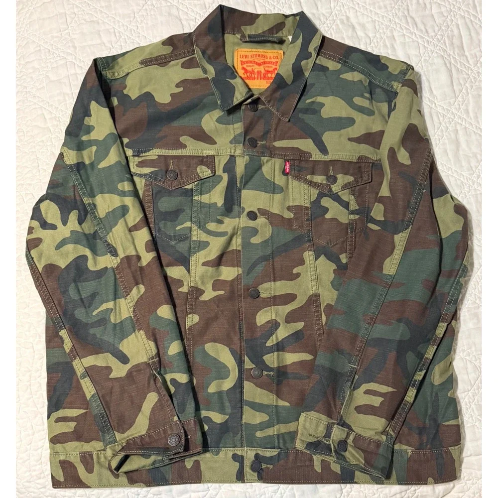 Levis Mens Trucker Jacket XXL Camo Woodland Camouflage Cotton Button Up - Picture 1 of 11